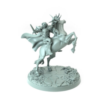 Epic 3D-printed model of an elf rider on a rearing unicorn perfect for fantasy enthusiasts and tabletop games.