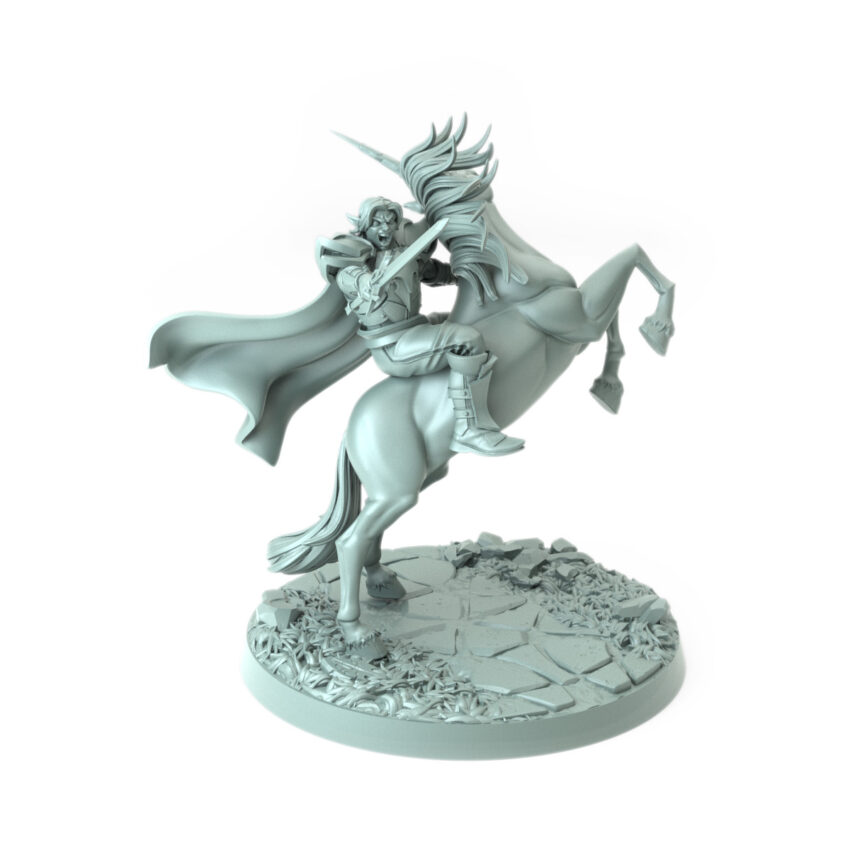 Epic 3D-printed model of an elf rider on a rearing unicorn perfect for fantasy enthusiasts and tabletop games.