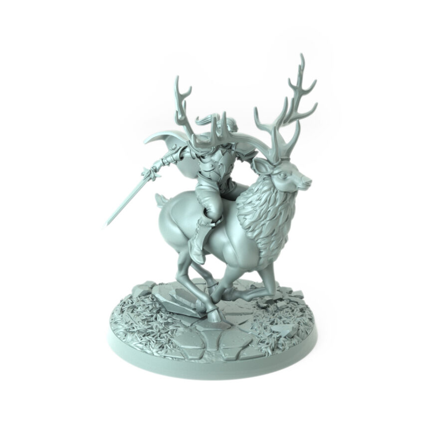 Intricately designed 3D-printed elf riding a galloping deer perfect for RPG and collectors.