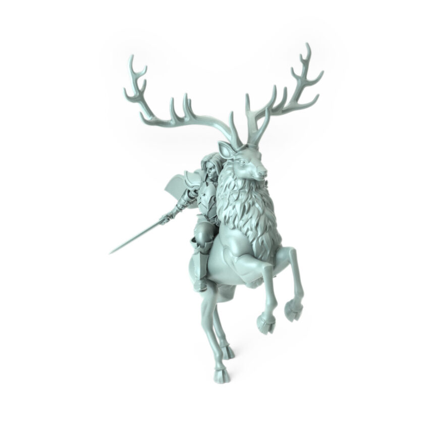 Elegantly crafted 3D-printed elf riding a rearing antlered deer perfect for RPG enthusiasts and collectors.