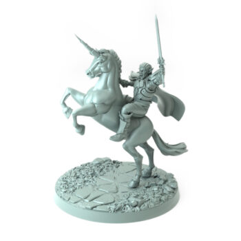 Elegantly crafted 3D-printed elf riding a rearing unicorn perfect for RPG enthusiasts and collectors.