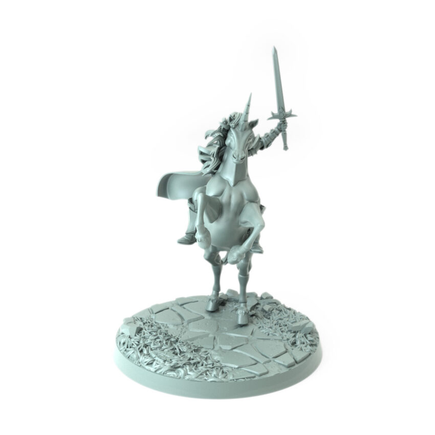 Elegantly crafted 3D-printed elf riding a rearing unicorn perfect for RPG enthusiasts and collectors.