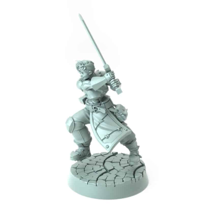 Female warrior miniature wielding a sword in battle-ready pose 3D printed for tabletop role-playing