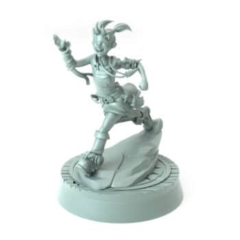 3D-printed fantasy miniature Evangeline Running on rocky base