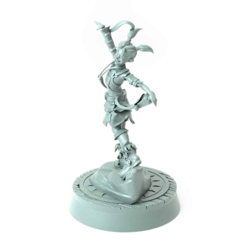 3D-printed fantasy miniature Evangeline in joyful statue pose