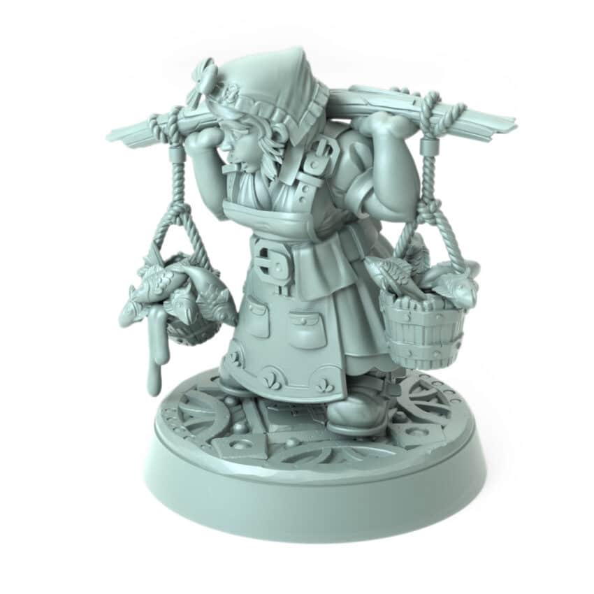 Farmer Agnalin 3D printed dwarf female carrying baskets with fish and vegetables