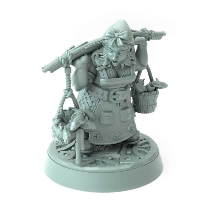 Farmer Agnalin 3D printed dwarf female carrying baskets with fish and vegetables