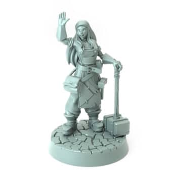 Female blacksmith miniature raising hand and holding hammer 3D printed for tabletop role-playing