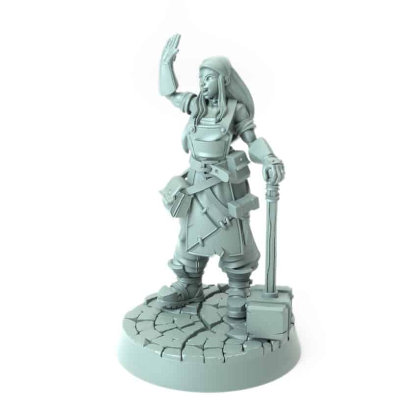 Female blacksmith miniature raising hand and holding hammer 3D printed for tabletop role-playing