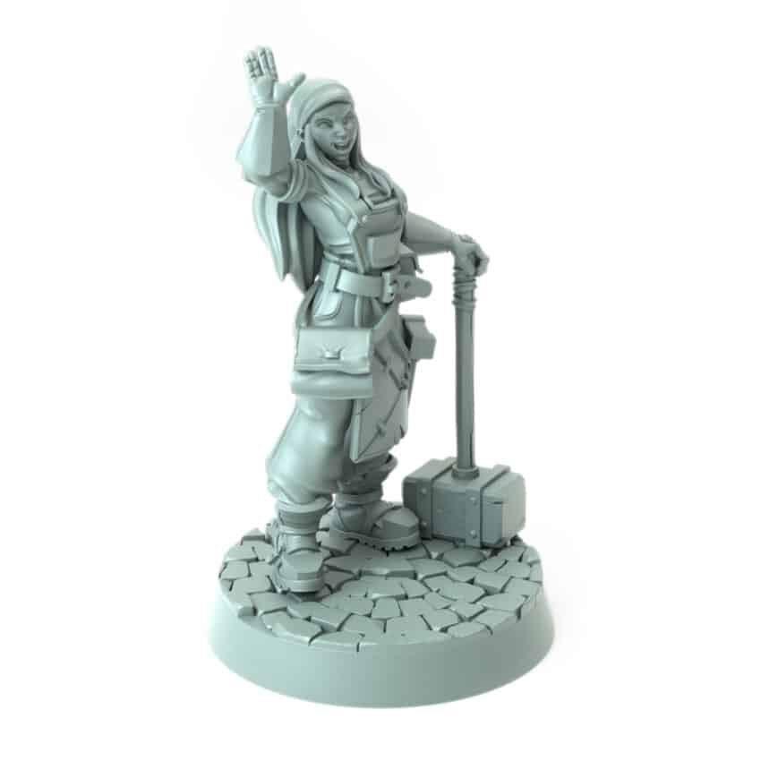 Female blacksmith miniature raising hand and holding hammer 3D printed for tabletop role-playing