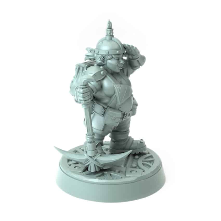 Female Miner Dula 3D printed dwarf with mining gear and pickaxe