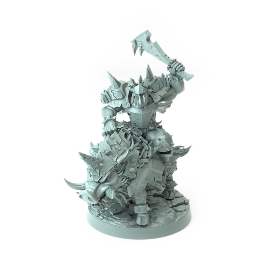 3D printed Ferox Hog Rider B Orc warrior with spiked club riding an armored war boar fantasy tabletop miniature