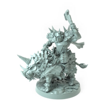 3D printed Ferox Hog Rider B Orc warrior with spiked club riding an armored war boar fantasy tabletop miniature