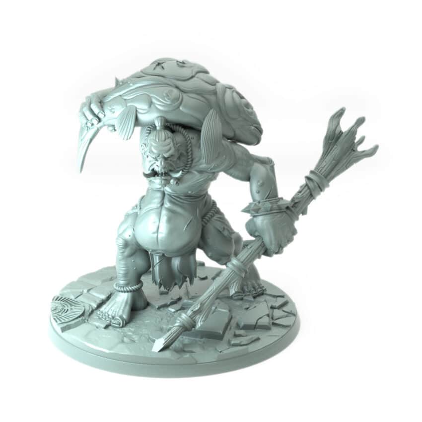 Fisher Troll 3D-printed large troll monster with fish and spear tabletop gaming