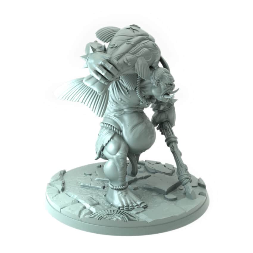 Fisher Troll 3D-printed large troll monster with fish and spear tabletop gaming