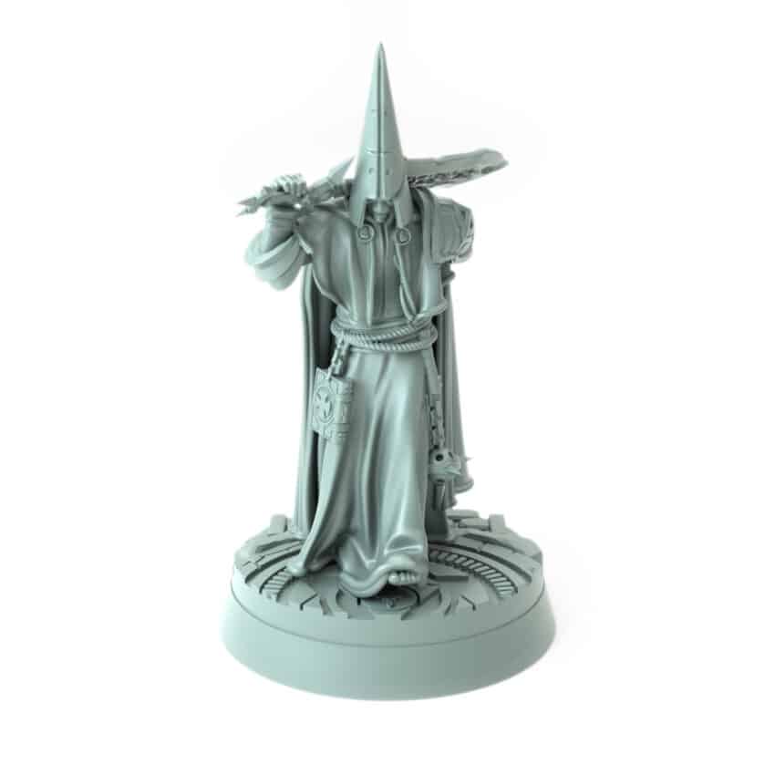 FoulPriest E from the Church of Wrath theme holding a spear and censer with a halo-like ring behind his head