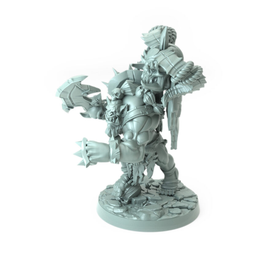 3D printed GRakha Uzkor B Orc warlord with dual axes fantasy tabletop miniature