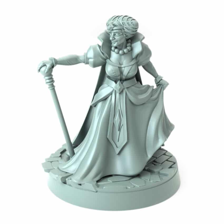 Noblewoman miniature walking with a staff and wearing regal robes 3D printed for tabletop role-playing