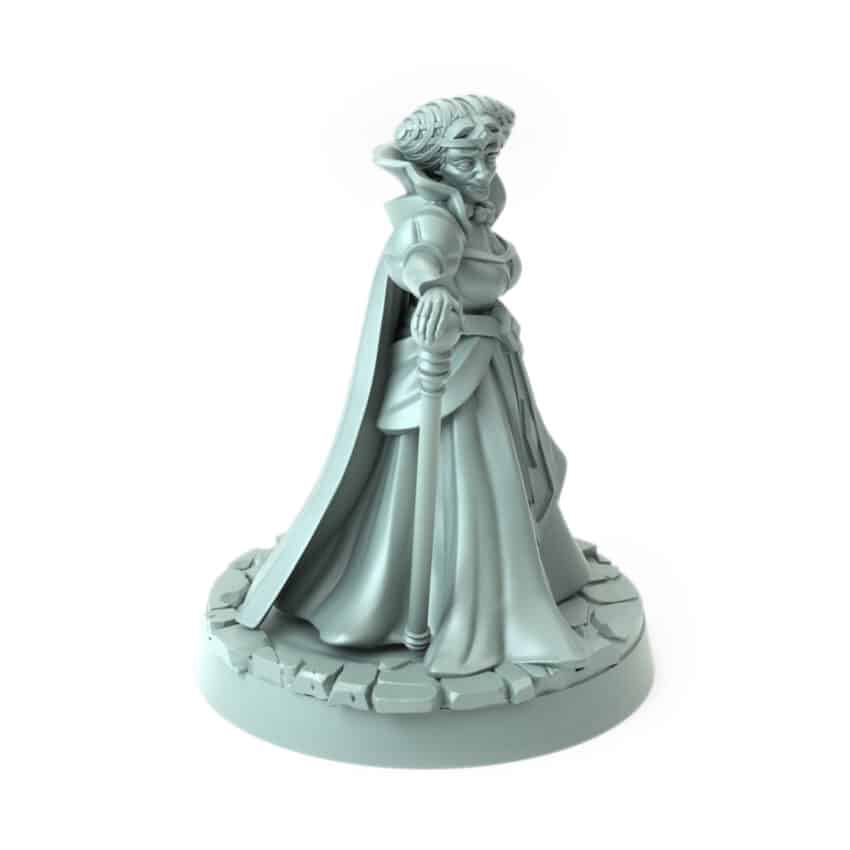 Noblewoman miniature walking with a staff and wearing regal robes 3D printed for tabletop role-playing