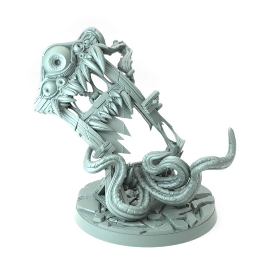 Guillotine Mimic 3D-printed guillotine monster with tentacles and jagged teeth tabletop gaming