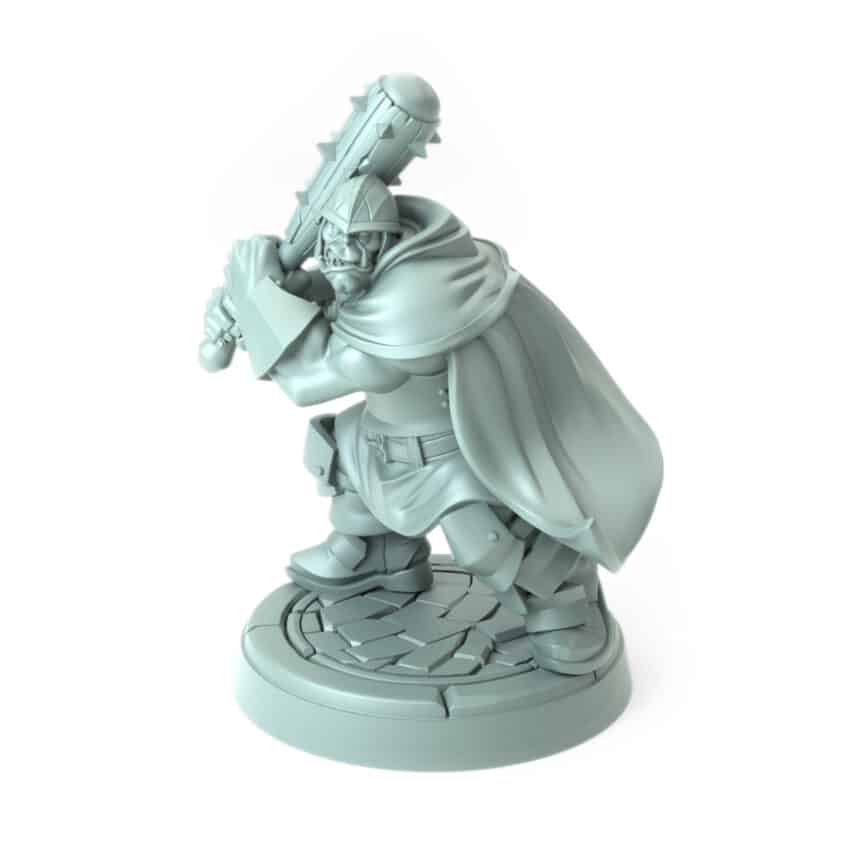 3D-printed half-orc guard wielding a mace for tabletop RPGs and wargames