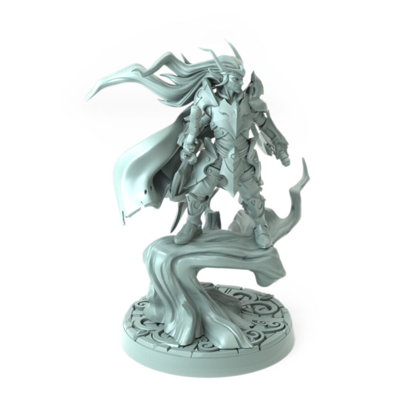 Epic 3D-printed elf warrior miniature standing heroically on a tree.