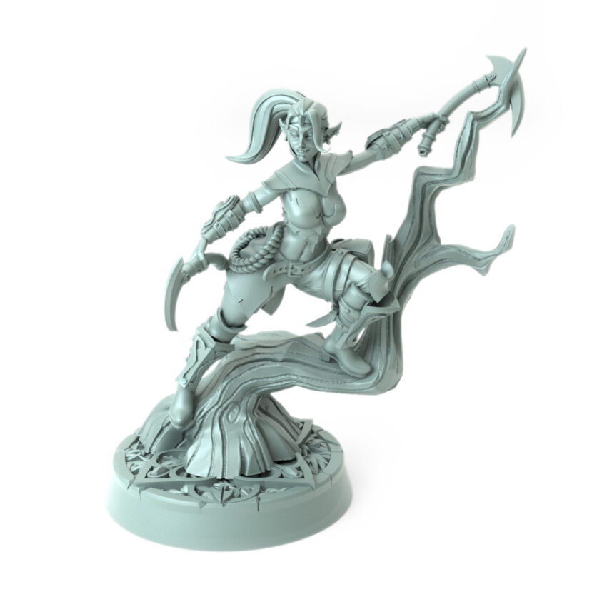 Agile 3D-printed elf rogue miniature standing poised on a tree.