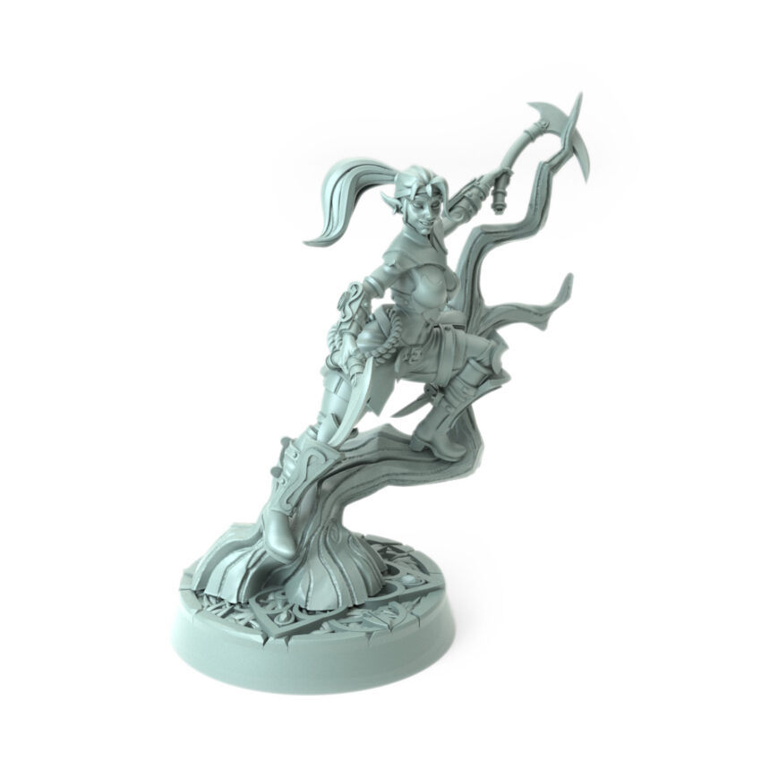 Agile 3D-printed elf rogue miniature standing poised on a tree.