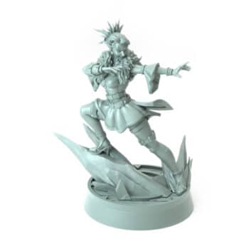 3D-printed fantasy miniature Isolde surfing on ice with magical power