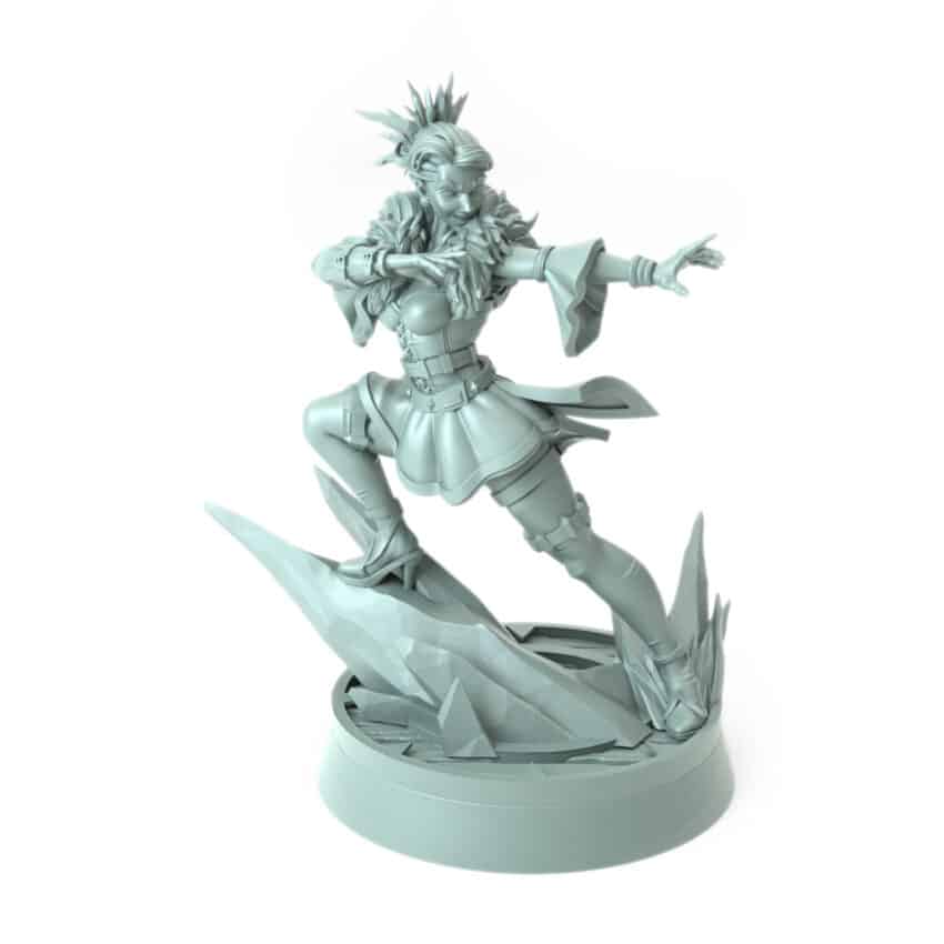 3D-printed fantasy miniature Isolde surfing on ice with magical power