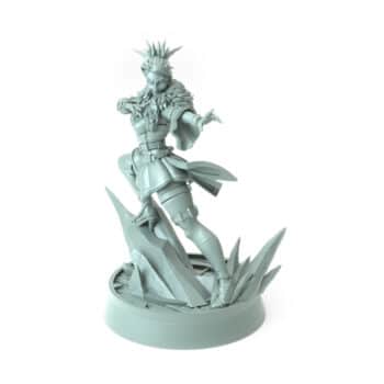 3D-printed fantasy miniature Isolde surfing on ice with magical power