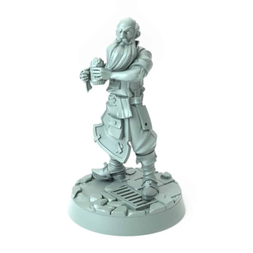 Bald innkeeper miniature holding a mug 3D printed for tabletop role-playing