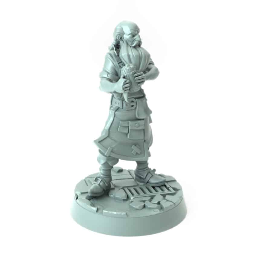 Bald innkeeper miniature holding a mug 3D printed for tabletop role-playing