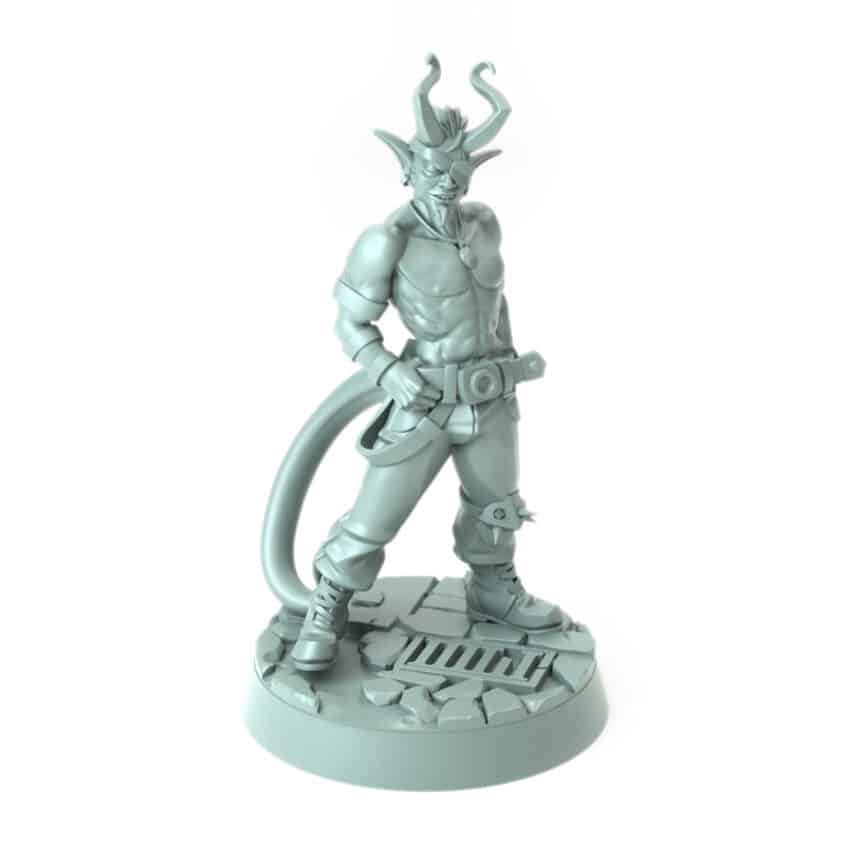 Tiefling miniature standing confidently with horns and a tail 3D printed for tabletop role-playing