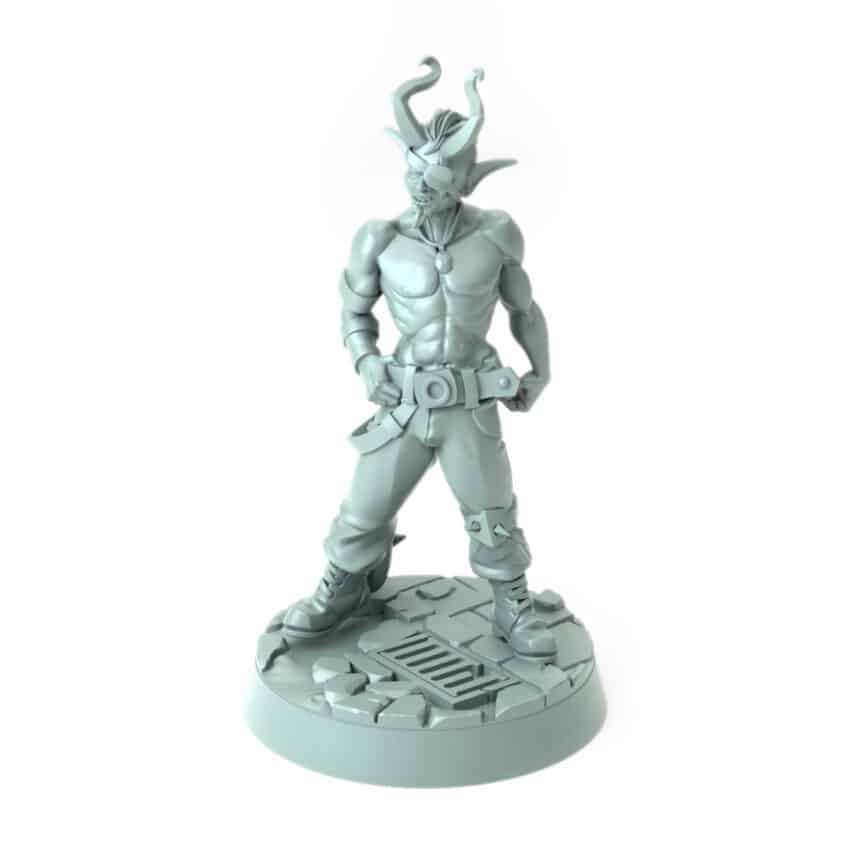 Tiefling miniature standing confidently with horns and a tail 3D printed for tabletop role-playing