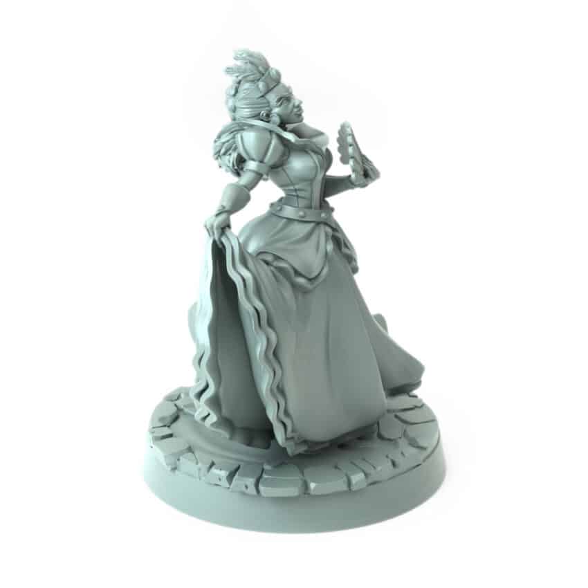 Noblewoman miniature holding a fan and lifting her gown 3D printed for tabletop role-playing