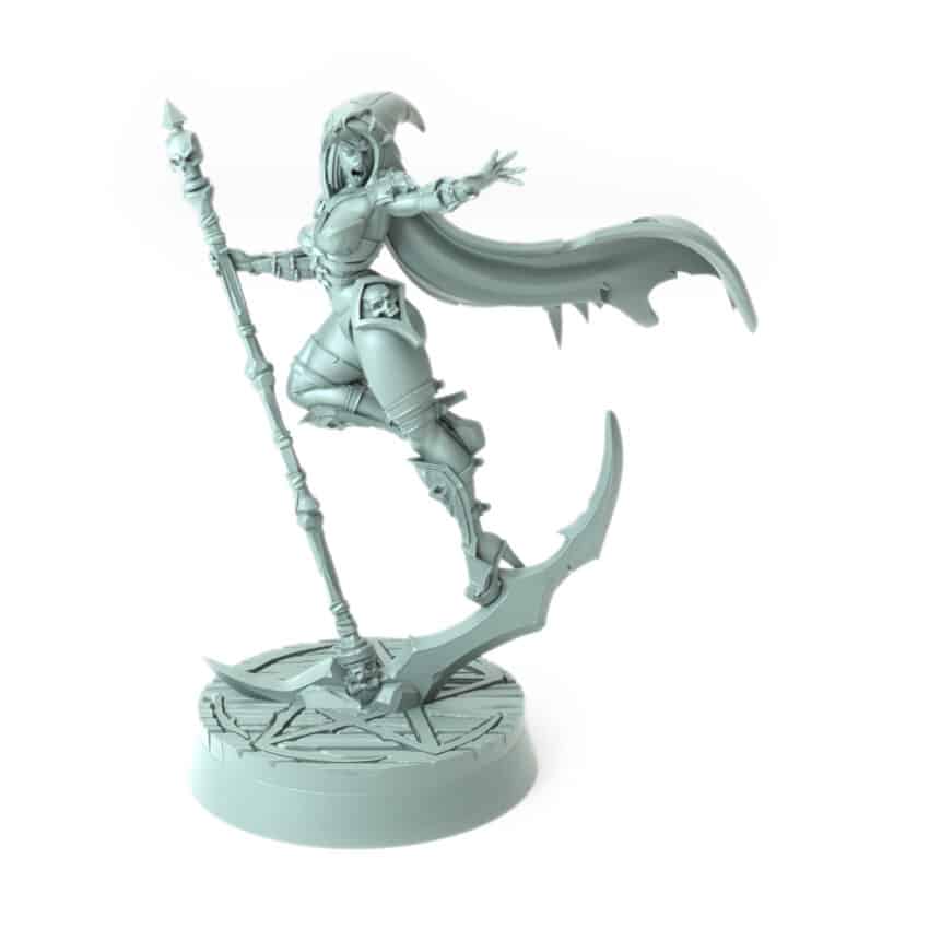 3D-printed fantasy miniature Lilith with scythe and flowing cloak