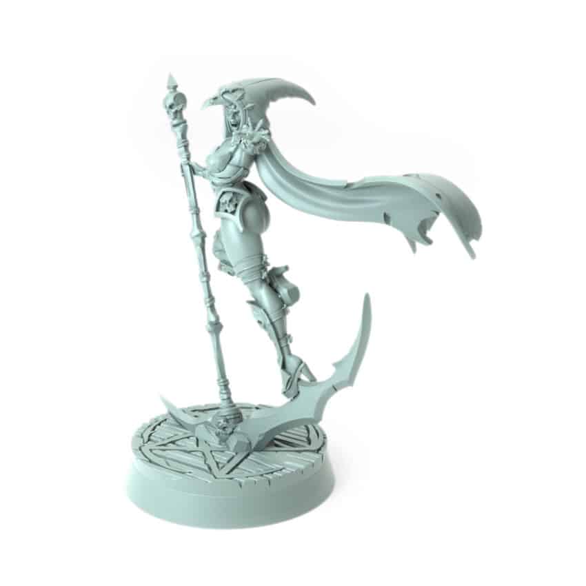 3D-printed fantasy miniature Lilith with scythe and flowing cloak