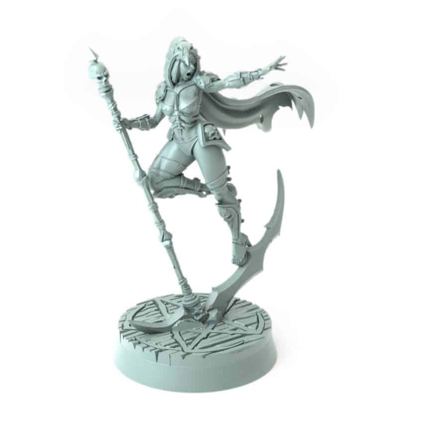 3D-printed fantasy miniature Lilith with scythe and flowing cloak