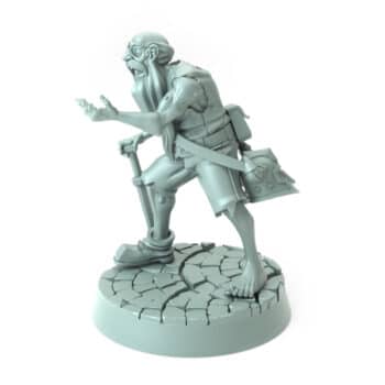 Old man miniature with long beard leaning on a staff 3D printed for tabletop role-playing