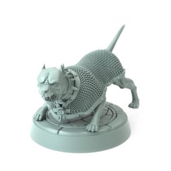 3D-printed armored pitbull miniature for tabletop RPGs and wargames