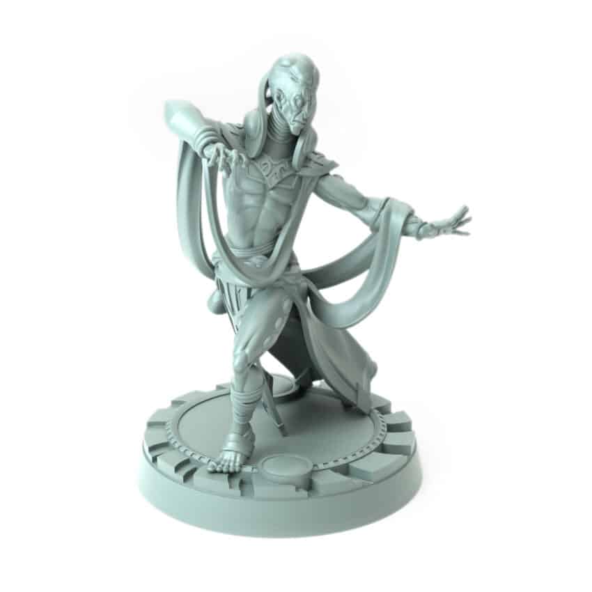 3D-printed wizard character from Aethernals theme casting a spell with intricate robes and magical energy