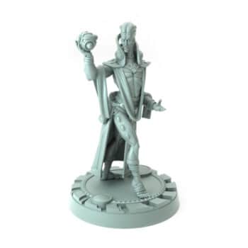 3D-printed wizard character holding a magical orb with intricate robes and dynamic pose