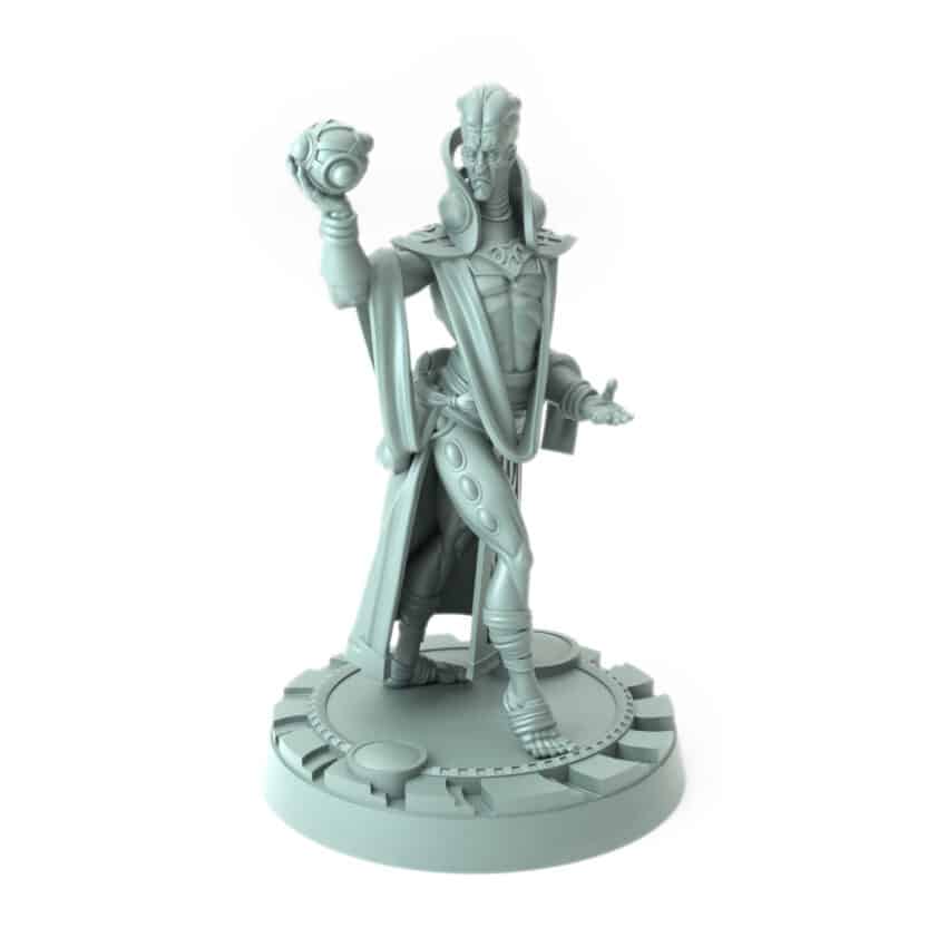 3D-printed wizard character holding a magical orb with intricate robes and dynamic pose