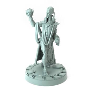 3D-printed wizard character holding a magical orb with intricate robes and dynamic pose