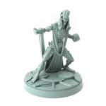 3D-printed wizard character holding a magical orb with dynamic pose in intricate robes