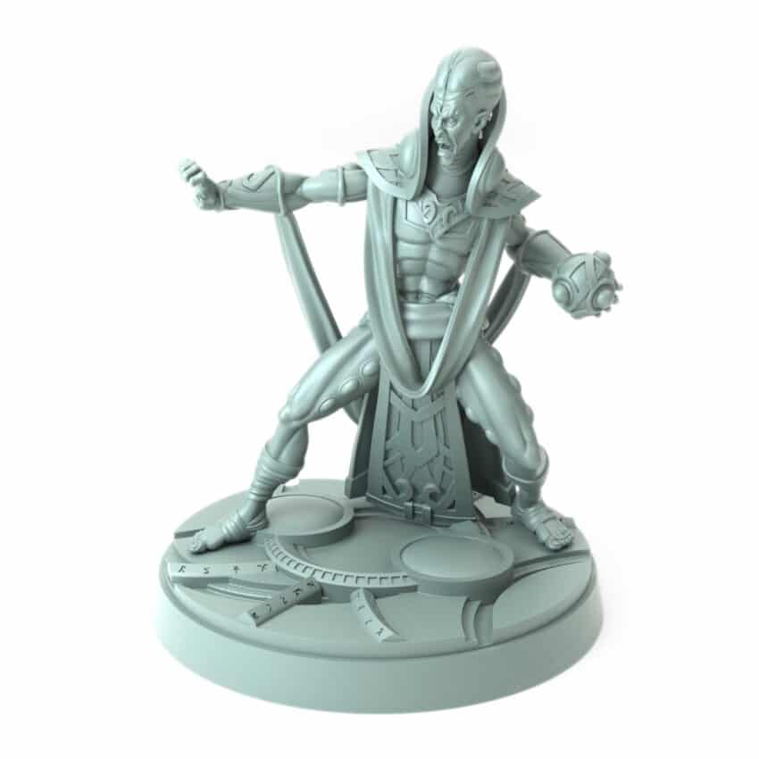 3D-printed wizard character holding a magical orb with dynamic pose in intricate robes