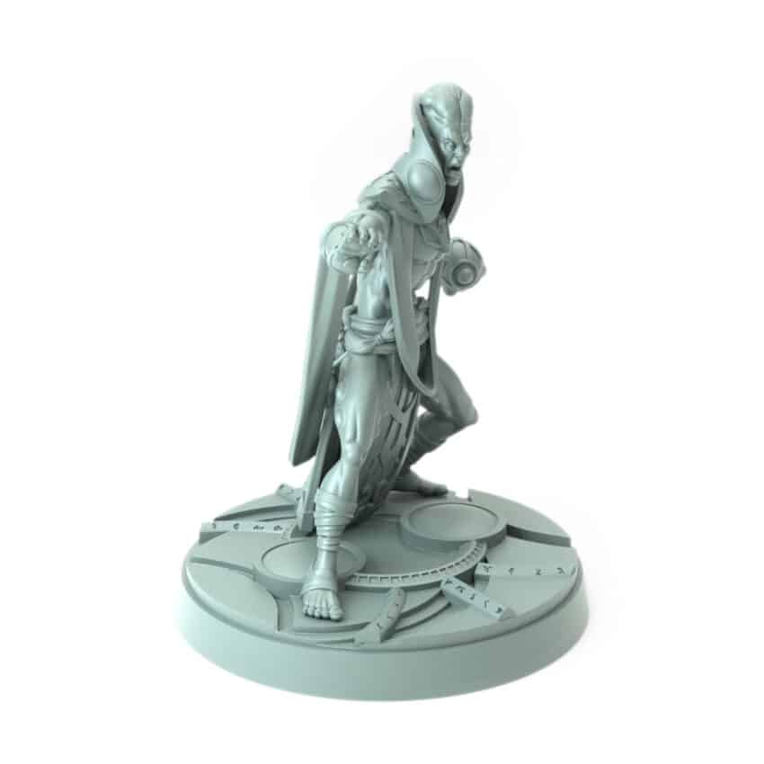 3D-printed wizard character holding a magical orb with dynamic pose in intricate robes