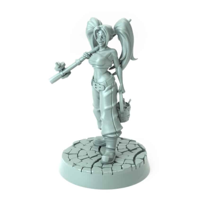 Female fisherman miniature holding a fishing pole over her shoulder 3D printed for tabletop role-playing