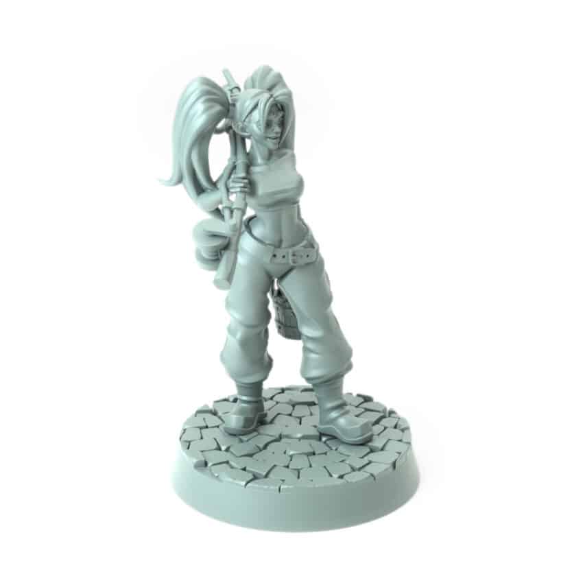 Female fisherman miniature holding a fishing pole over her shoulder 3D printed for tabletop role-playing